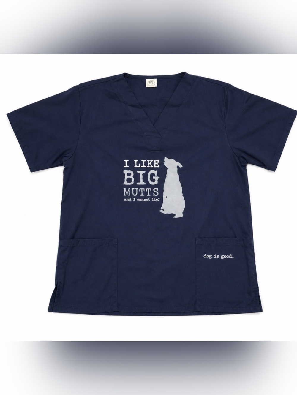 Unisex Navy Graphic V-Neck Scrub Top - "I Like Big Mutts" Size Large